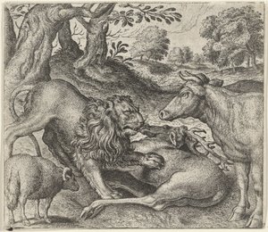 Favola del leone, della mucca e della pecora a caccia da Egidius  Sadeler (II)