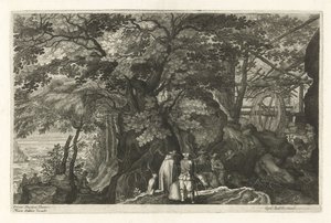 Fiume con rocce e un mulino ad acqua (Acht landschappen in Bohemen) da Egidius  Sadeler (II)