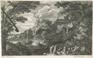 Paesaggio fluviale con pescatori e lavoratori (Otto paesaggi in Boemia) da Egidius  Sadeler (II)