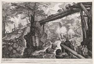 Otto paesaggi boemi: Paesaggio con ponte di tronchi su una cascata, c. 1610-1615