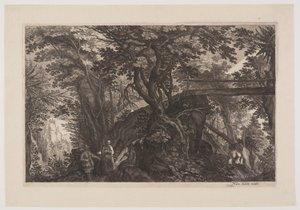 Una foresta con un ponte di legno sulla destra, da Otto scene di Boemia da Aegidius Sadeler II