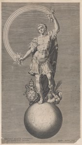 Figura allegorica di un guerriero in piedi su un globo con lo stemma papale, ca. 1588-1629