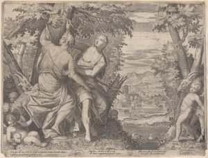 Angelica e Medoro, accanto a un ruscello mentre Medoro incide i loro nomi da Aegidius Sadeler II