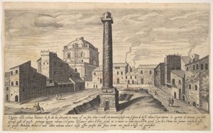 Vista della colonna di Traiano, con il piedistallo scavato dalla terra da Aegidius Sadeler II