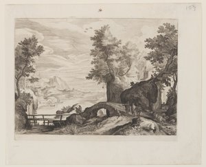 Paesaggio fluviale con ponte di pietra e ponte di legno