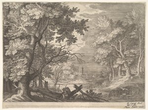 Scena boschiva con rive paludose, due uomini e un cane in profilo a sinistra, ca. 1600