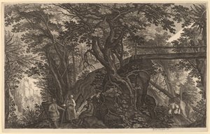 Paesaggio forestale con due uomini e una donna che riposano vicino a un ponte da Aegidius Sadeler II after Pieter Stevens