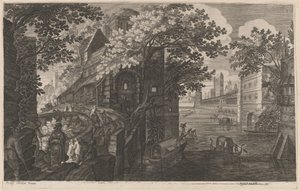 Gondole su un fiume vicino a un palazzo da Aegidius Sadeler II after Pieter Stevens