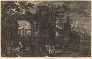 Paesaggio Notturno con Pescatori sul Fiume fuori dalle Mura della Città da Aegidius Sadeler II after Pieter Stevens