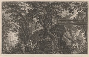Viaggiatori che Riposano in una Foresta di Montagna vicino a un Ponte di Tronchi da Aegidius Sadeler II after Pieter Stevens