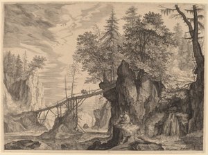 Disegnatore su una pietra davanti a un ponte