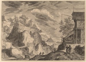 Paesaggio con una locanda a destra e una casa su rocce a sinistra da Aegidius Sadeler II after Roelandt Savery