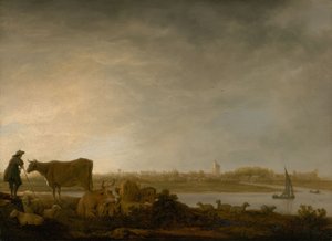 Veduta di Vianen con un pastore e bestiame vicino a un fiume, c.1643-45 da Aelbert Cuyp