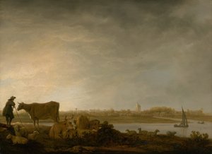 Veduta di Vianen con un mandriano e bestiame vicino a un fiume, c. 1643-45 da Aelbert Cuyp