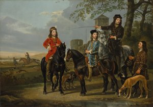 Ritratto equestre di Cornelis e Michiel Pompe van Meerdervoort con il loro tutore e cocchiere, partenza per la caccia, c.1652-53 da Aelbert Cuyp