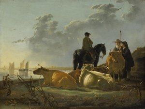 Contadini e bestiame in riva al fiume Merwede da Aelbert Cuyp