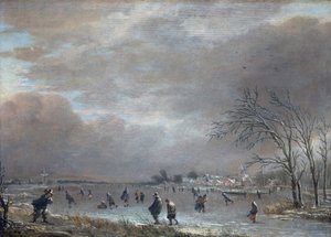 Paesaggio invernale con pattinatori su un fiume ghiacciato da Aert van der Neer