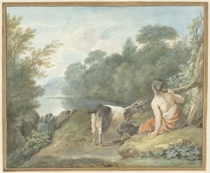 Pastorella con capre in un paesaggio con un lago da Aert Schouman