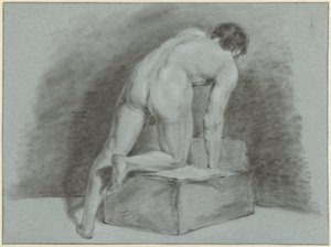 Nudo maschile, piegato in avanti, visto da dietro