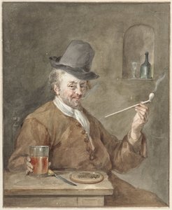 Uomo che fuma la pipa a un tavolo con un piatto, un coltello e un bicchiere da Aert Schouman