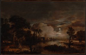 Paesaggio al chiaro di luna con vista sul nuovo fiume Amstel e sul castello di Kostverloren