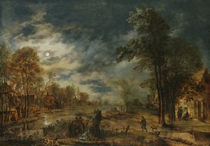 Paesaggio al chiaro di luna con un villaggio