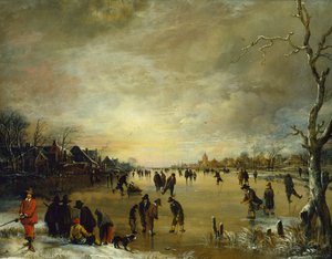 Paesaggio Invernale al Tramonto con Persone che giocano a Golf e Pattinano da Aert van der Neer