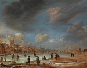 Paesaggio invernale vicino a una città con giocatori di kolf da Aert van der Neer