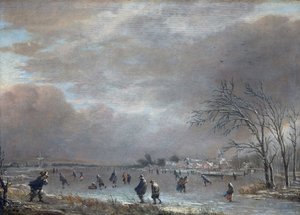 Paesaggio invernale con pattinatori su un fiume ghiacciato da Aert van der Neer