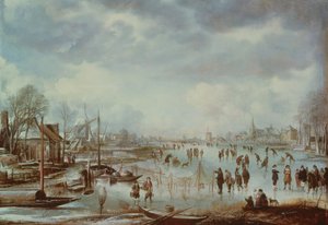 Scena invernale con figure che pattinano da Aert van der Neer