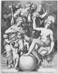 Allegoria del Salmo di Davide, Misericordia seduta a sinistra che nutre quattro bambini, 1579 da After Agostino Carracci.
