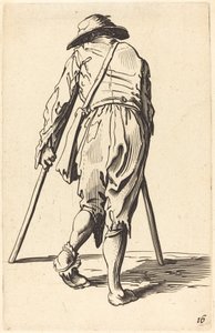 Mendicante con stampelle e cappello, vista posteriore