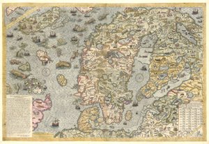 Riproduzione fedele della Carta marina (una mappa murale della Scandinavia di Olaus Magnus pubblicata nel 1539)