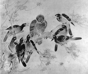 Uccelli Mynah che attaccano un gufo, probabilmente XIX secolo da after Sesson Shūkei