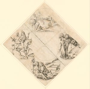 Disegno per un quadrilobo con un castello, due amanti, una fanciulla tentata da un folle, una coppia seduta vicino a un abbeveratoio e un cavaliere con la sua amante a cavallo da After The Master of the Housebook