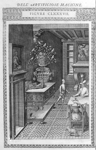 Fontana con uccelli finti che cantano. Questo è un progetto di Agostino Ramelli, secondo "Diverse e Artificiose Macchine". Milano 1600 da Agostino (after) Ramelli