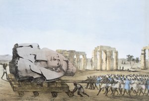 Modo in cui la testa del giovane Memnone è stata rimossa, da Plates illustrative of the Researches in Egypt and Nubia, Giovanni Battista Belzoni, Pub. 1822 (litografia a colori)