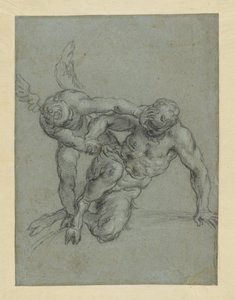 Cupido che travolge Pan (recto); Testa di monaco; Caricatura di un uomo di profilo (verso) da Agostino Carracci