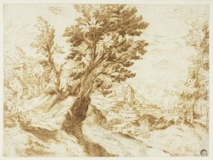 Paesaggio collinare con città in lontananza da Agostino Carracci