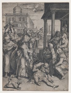 San Paolo resuscita Patroclo che è a terra, circondato da un gruppo di spettatori da Agostino Carracci
