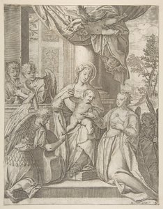 Il matrimonio mistico di Santa Caterina che siede al centro con il Bambino Gesù, angeli..., 1585 da Agostino Carracci