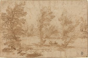 Fiume boschivo con una barca da Agostino Carracci