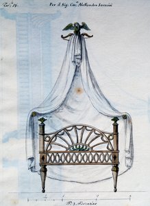 Letto a baldacchino per Alessandro Saraceni, da Lavori di falegname e fabbro ideati e disegnati da me Agostino Fantastici, manoscritto 3, tavola 18 (1782-1845) da Agostino Fantastici
