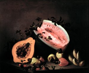 Natura morta di papaya, anguria e anacardio