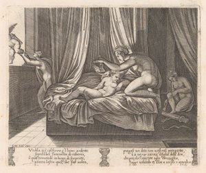 Tavola 13: Psiche guarda Cupido, dalla storia di Cupido e Psiche raccontata da Apuleio, 1530-60 da Agostino Veneziano