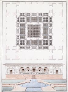 Elevazione del fronte sud e del Palazzo del Giardino del Suraj Bhawan a Dig, c.1830 da Agra School