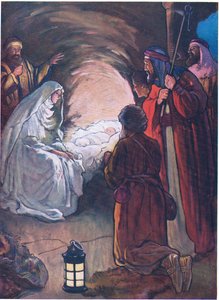 Gesù bambino e i pastori, da The Bible Picture Book pubblicato da Thomas Nelson, 1950 circa (litografia a colori) da Alan & Stokes George Vernon (1873 1954) Wright