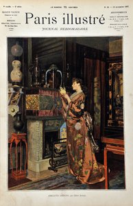 Cianfrusaglie cinesi. Una donna europea vestita in stile orientale osserva la sua collezione di oggetti cinesi. Illustrazione di Albert Aublet (1851-1938). Incisione del 1887 in "Paris-Illustrous journal weekly" da Albert Aublet