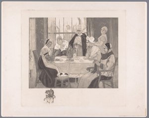 Gruppo di donne in costume a tavola
