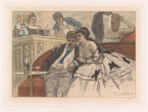 Uomo e donna seduti su una panca rossa al bar di un teatro da Albert Bertrand (attributed to)
